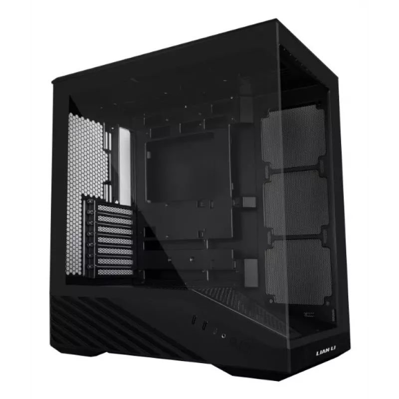 Kompiuterio korpusas Lian Li Vector V100 Midi Tower — juodas su permatomu skydeliu, palaiko 3×120 mm šoninius + 1×120 mm galinį ventiliatorius, 3,5 colio HDD, 2,5 colio SSD, 235,5×446×484,6 mm