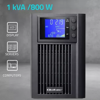 UPS QOLTEC gryna sinusinė banga 1 kVA 800 W su AVR ir LCD ekranu