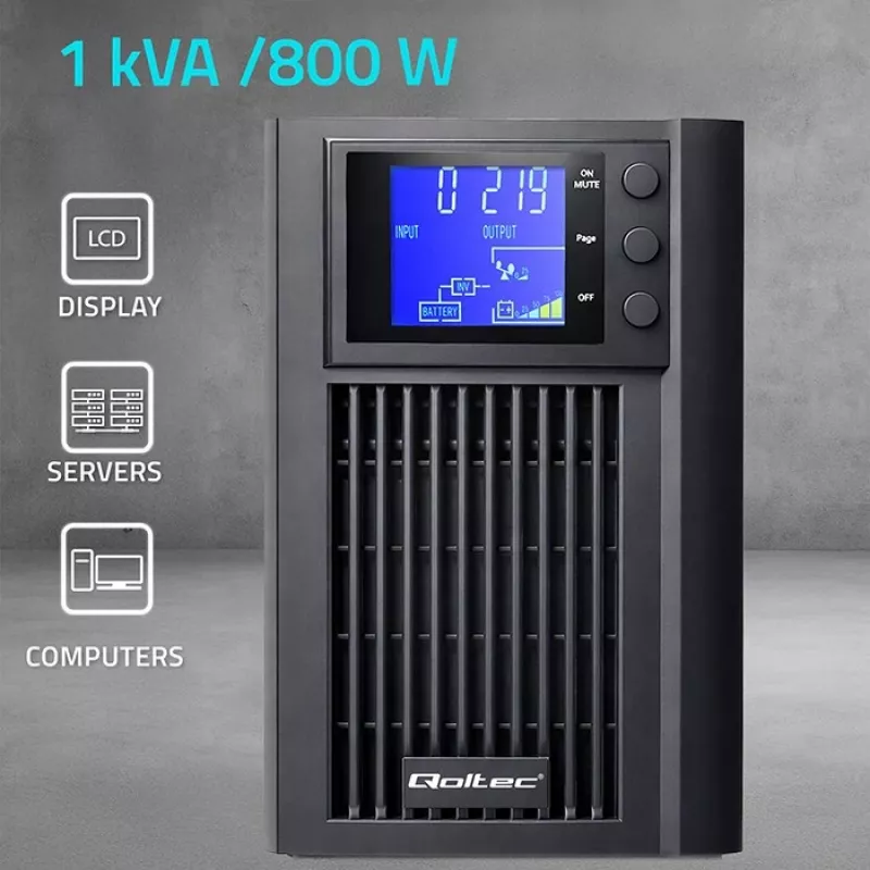 UPS QOLTEC gryna sinusinė banga 1 kVA 800 W su AVR ir LCD ekranu