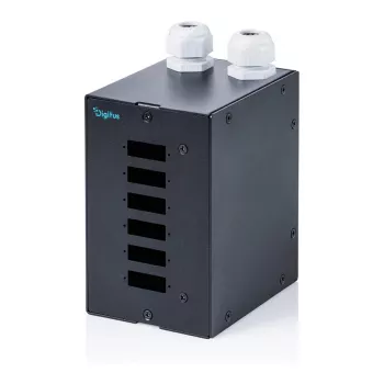 Šviesolaidinis DIN bėgelio skirstytuvas DIGITUS DN-96990 — 6 prievadų SC DX / LC Quad, aliumininis korpusas, juodas, 112×87×136 mm