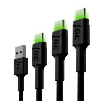 USB-C laidų rinkinys Green Cell GC Ray — USB A į USB C 3 ilgiai (30 cm, 120 cm, 200 cm), USB PD, 480 Mbps, 2,4 A, juoda