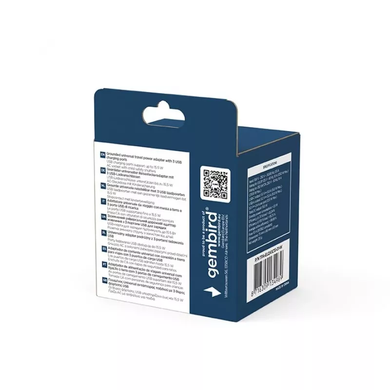 Keliautojo adapteris GEMBIRD TPA-EU2A1C15-01-W — 15 W, E tipo kištukas, 2× USB-A + 1× USB-C, 100–250 V