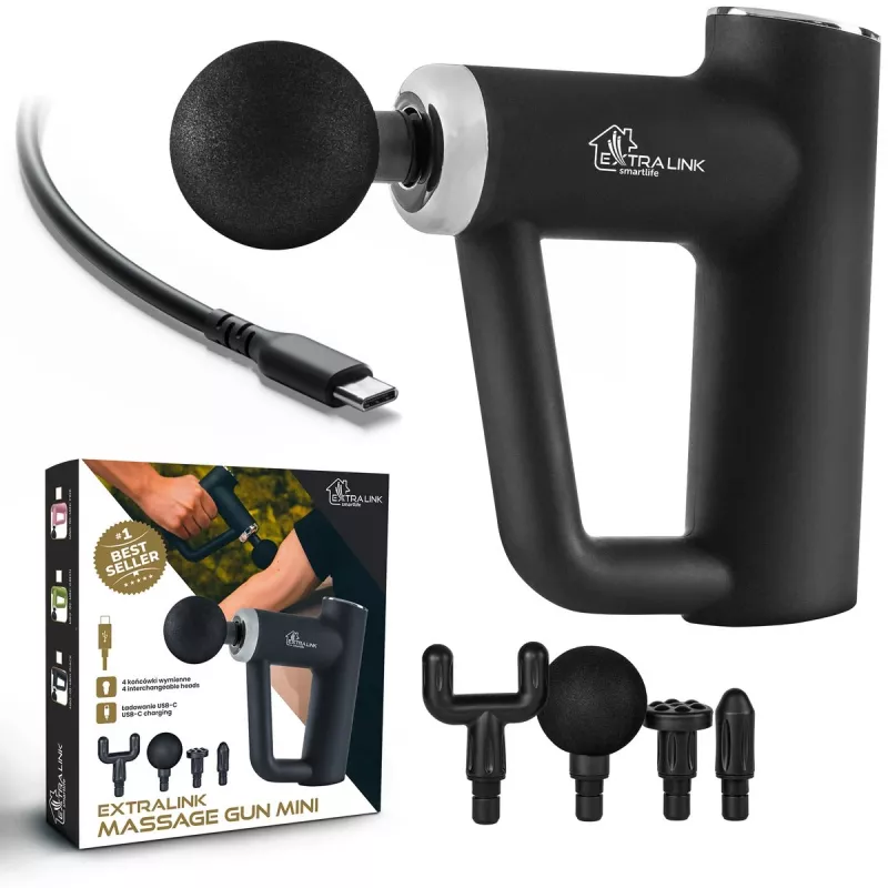 Extralink Massage Gun Mini Juoda | Masažo pistoletas | 4 antgaliai