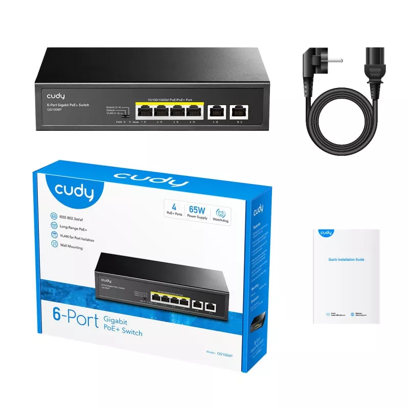 Tinklo komutatorius Cudy GS1006P Nevaldomas Gigabit Ethernet 6 prievadų PoE, 12 Gbit/s, 2048 MAC, juodas