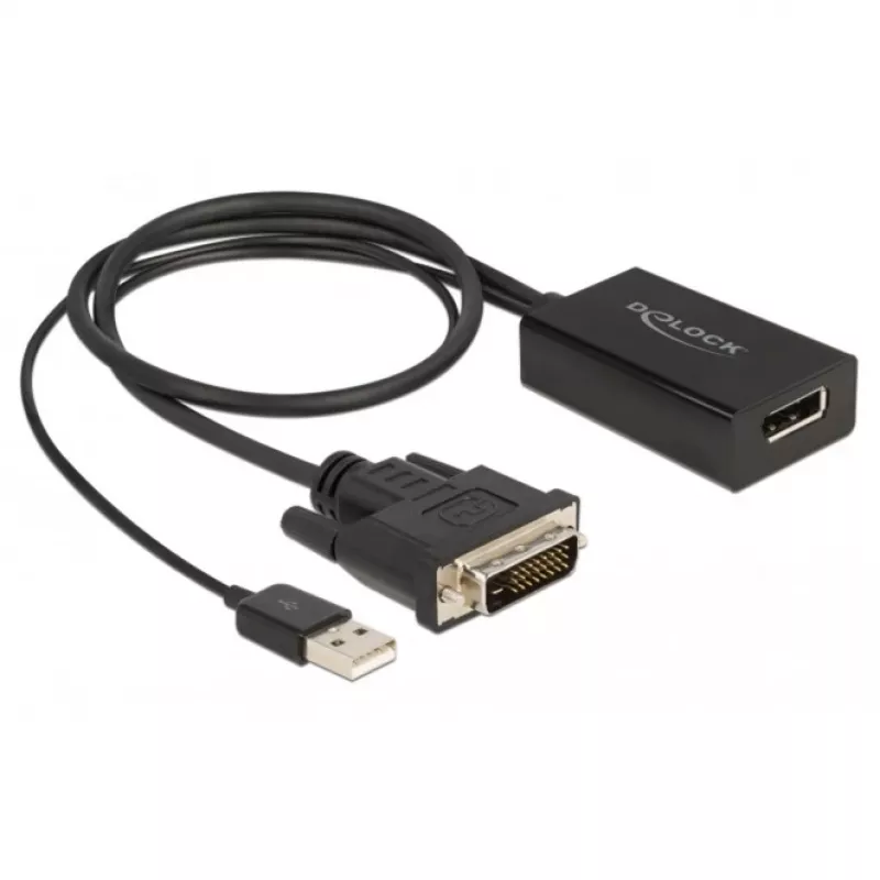 Delock - adapterio kabelis - DVI-D, USB (tik maitinimui) (V) į DisplayPort (M) - DisplayPort 1.2 - 50 cm - palaiko 4K 30 Hz - juoda (63189)