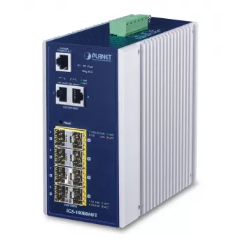 Valdomas tinklo komutatorius PLANET IGS-10080MFT — 2 x Gigabit RJ-45, 8 x SFP, 12–48V DC, Valdomas, IP30