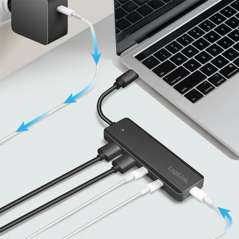 Hub USB-C, 4-porty 2x USB-A,2xUSB-C, Juoda