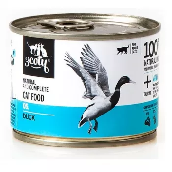 Šlapias kačių ėdalas 3coty Duck 180 g — pilnavertis begrūdis konservuotas šlapias ėdalas suaugusioms katėms, baltymai 15%, riebalai 10%, drėgmė 72,8%