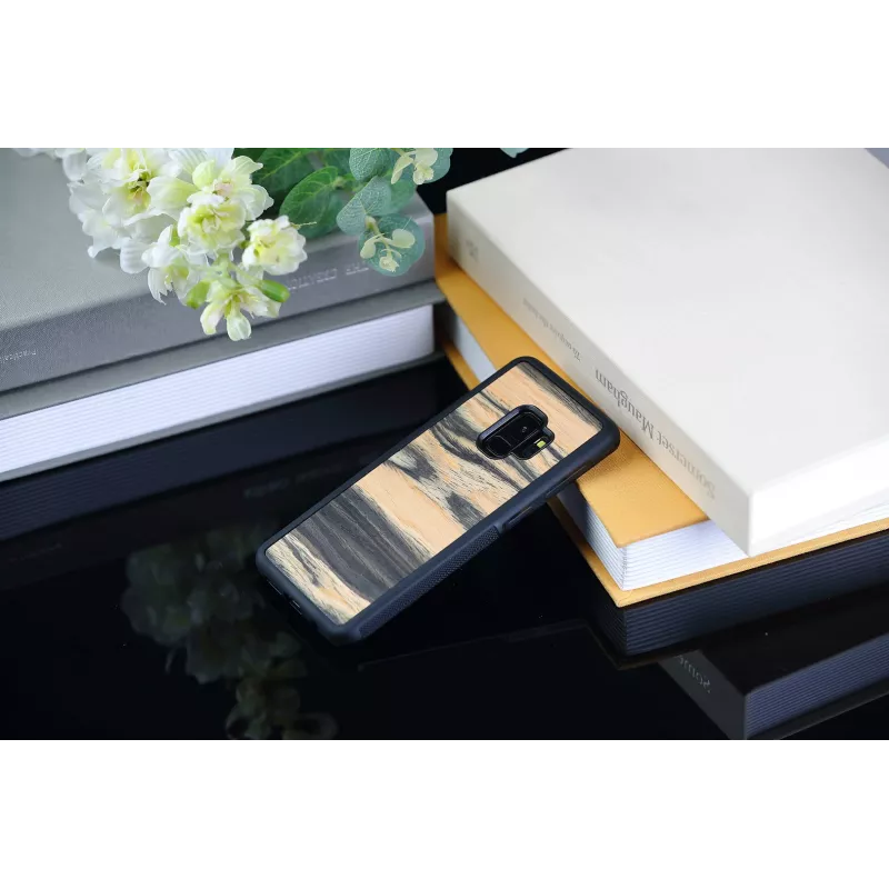 Išmaniojo telefono dėklas iš medžio, skirtas Samsung Galaxy S9, baltojo juodmedžio ir juoda apdaila