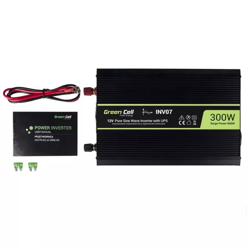Maitinimo inverteris Green Cell INV07, nuolatinė srovė 12 V į kintamąją 230 V, 300 W, 50 Hz, C tipo kištukas, juodas