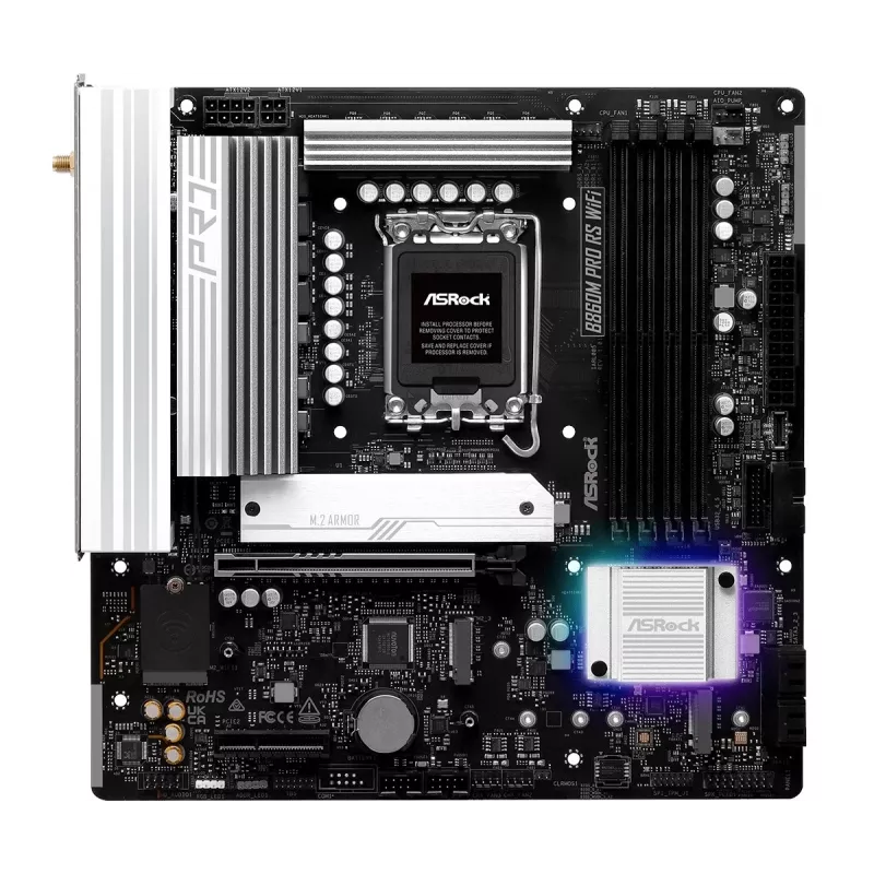 Pagrindinė plokštė ASRock B860M Pro RS WiFi — Intel B860, LGA 1851, micro ATX, DDR5, 4 DIMM, 3x M.2, 2.5Gb LAN, Wi‑Fi, Bluetooth