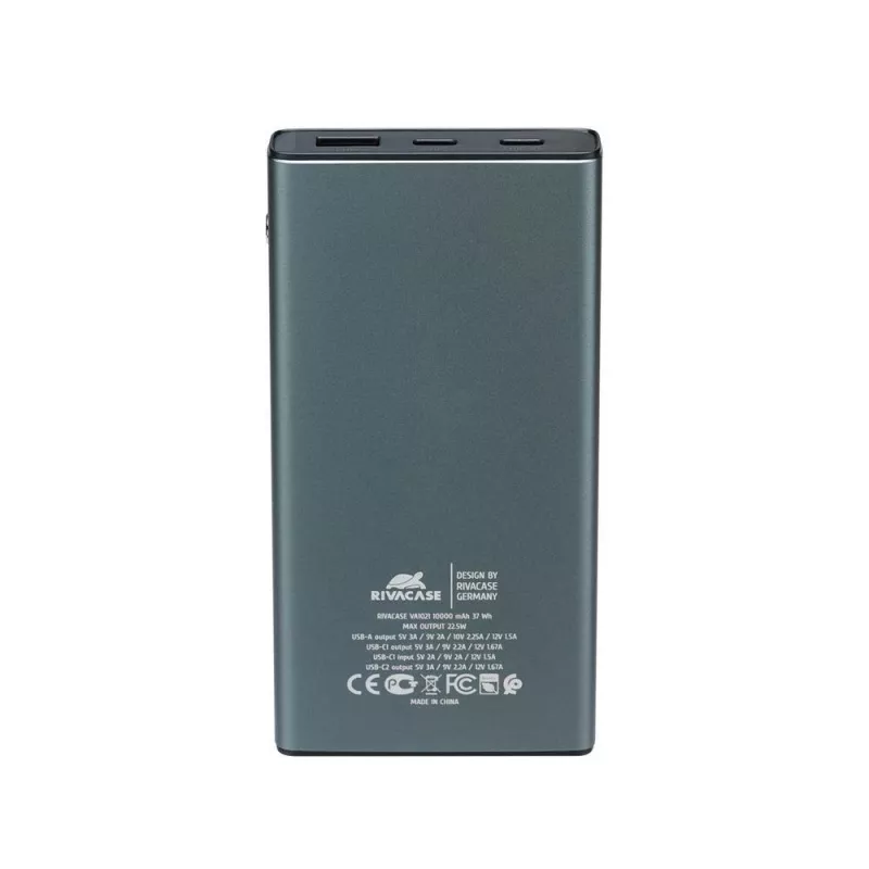 Išorinė baterija Rivacase VA1021 10000mAh, du USB išėjimai, LED indikatoriai, kompaktiškas nešiojamas įkroviklis