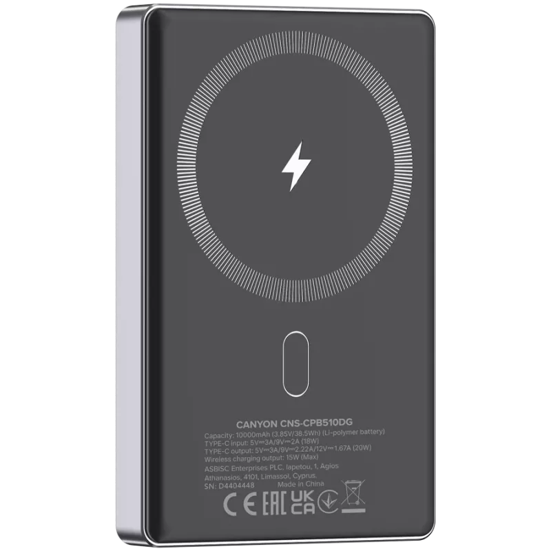 Canyon OnCharge 510 - Powerbank - 10.000 mAh - USB-C įėjimas - USB-C PD 20W išėjimas + belaidis magnetinis įkrovimas