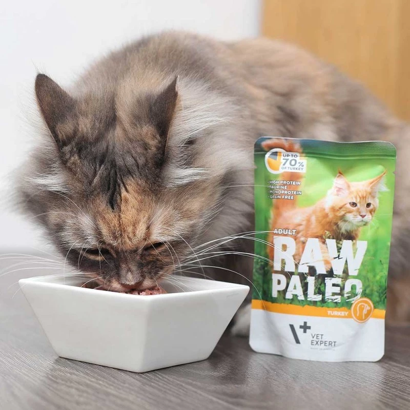 Drėgnas kačių maistas VETEXPERT Raw Paleo Adult Cat Turkey 100 g — be grūdų, 10,3% baltymų, 5,3% riebalų, 79 % drėgmės