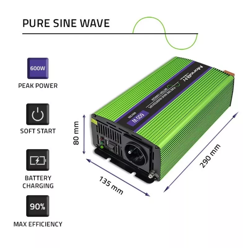 Automobilinis inverteris Qoltec Monolith 600 W Žalias 12 V