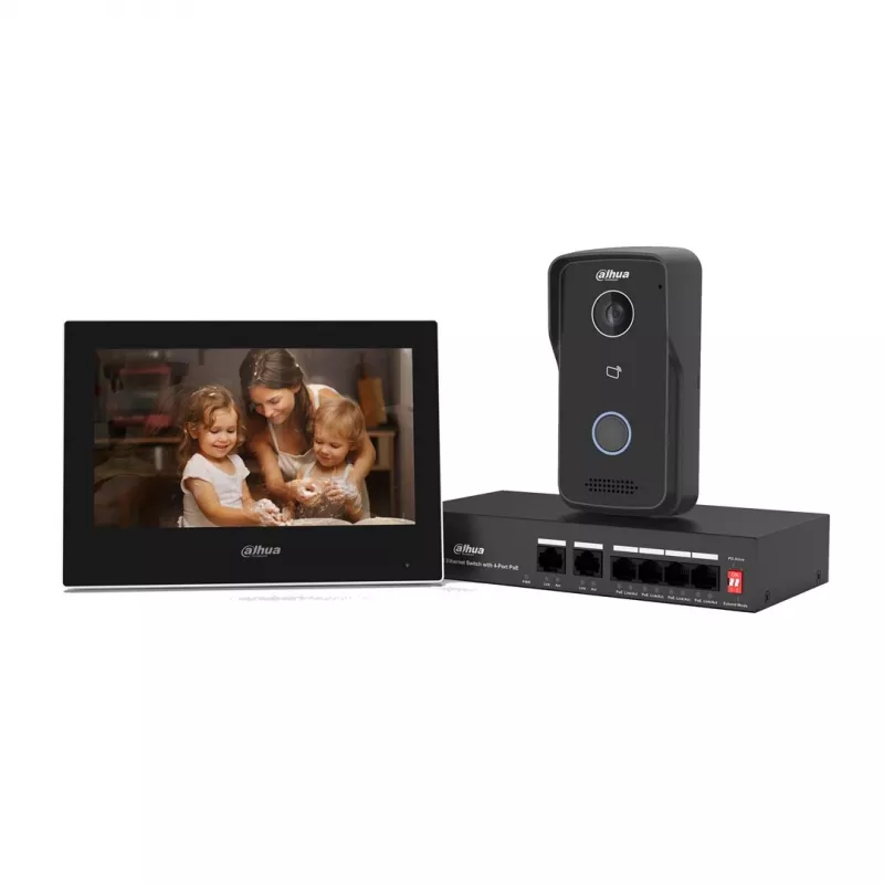 Vaizdo durų skambučio rinkinys DAHUA KTP03 7 colių monitorius, 2 laidų jungtis, PoE, 1024x600, 2MP kamera