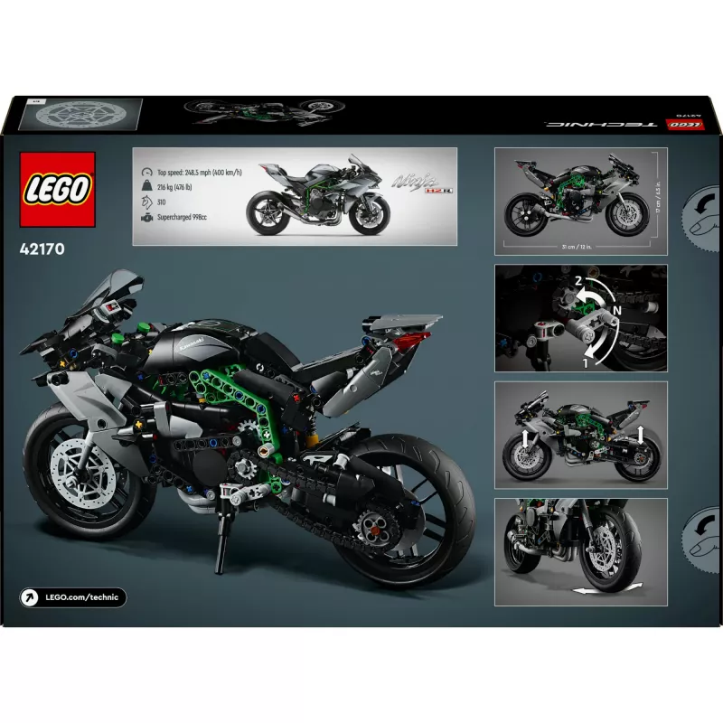 LEGO Technic motociklo modelis Kawasaki Ninja H2R 42170 — 1:1 mastelio kopija, 643 detalės, instrukcijų lapas, nuo 10 metų