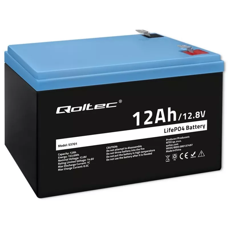 Qoltec LiFePO4 ličio geležies fosfato baterija 12,8 V 12 Ah 153,6 Wh su BMS