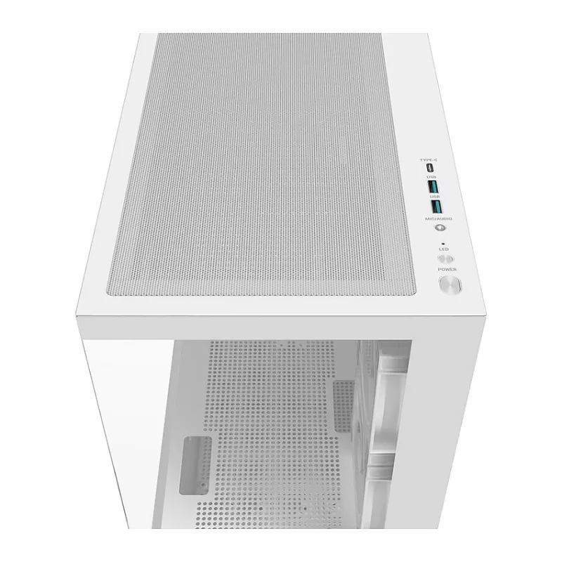 PC Midi Tower korpusas DeepCool CG380 3F WH — Baltas, 235×437×451 mm, palaiko 2,5 colio/3,5 colio, maitinimo blokas apačioje, 3x 120 mm ventiliatoriai sumontuoti