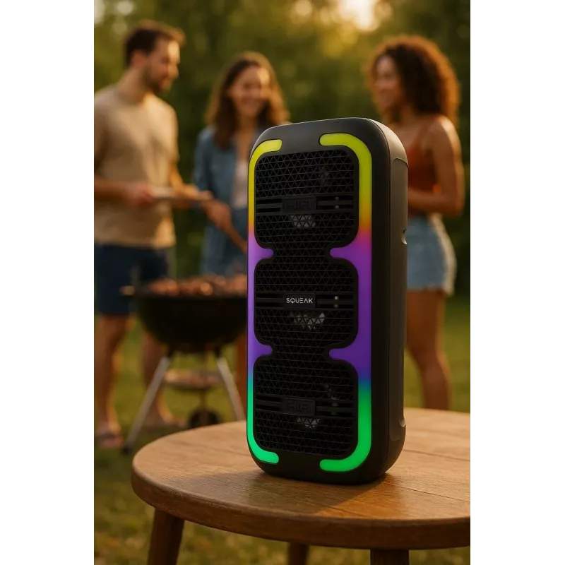 Nešiojamas stereofoninis garsiakalbis SQUEAK SQ1009 — Bluetooth 5.3, 45 W RMS, 10 val. baterija, FM, USB, AUX, LED, 1800 mAh, juodas