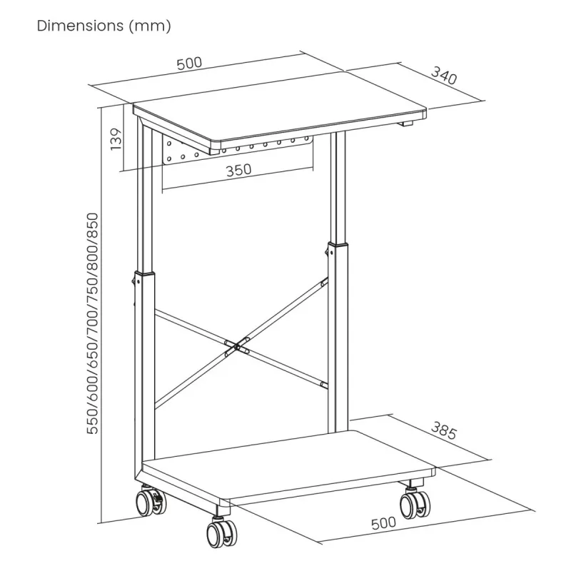 CPU vežimėlio stovas su NanoRS lentyna, maks. 80 kg, reguliuojamas aukštis 550–850 mm, RS430
