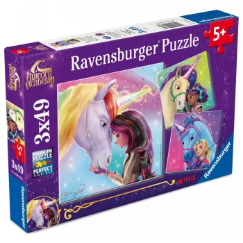 Dėlionė Ravensburger Unicorn Academy — 3 x 49 dalys, rinkinys vaikams
