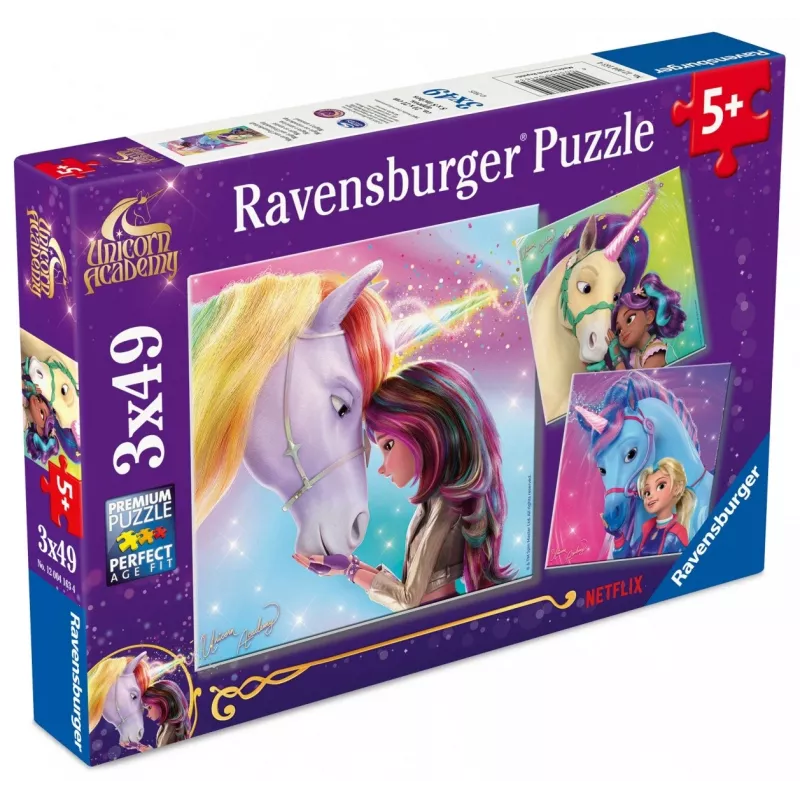 Dėlionė Ravensburger Unicorn Academy — 3 x 49 dalys, rinkinys vaikams