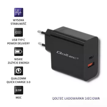Maitinimo adapteris QOLTEC 51716 — 220–240 V kintamoji srovė į 20 V 3 A (63 W), juodas, vidaus universalus įkroviklis