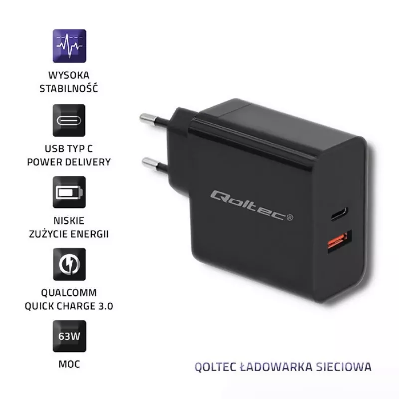 Maitinimo adapteris QOLTEC 51716 — 220–240 V kintamoji srovė į 20 V 3 A (63 W), juodas, vidaus universalus įkroviklis