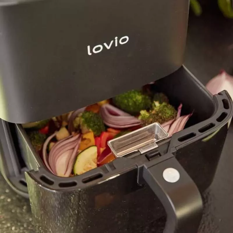 Oro gruzdintuvė Lovio LVAF001BK 5 L juoda — stalinė karšto oro gruzdintuvė, 5 litrų talpa