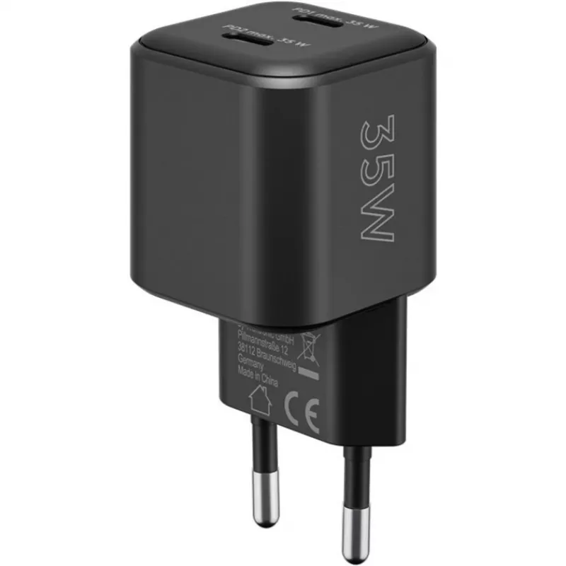 Sieninis įkroviklis GOOBAY 75333 — universalus vidaus AC USB-C įkroviklis, 2x USB-C, 35 W, juodas