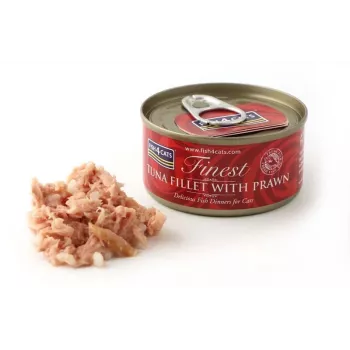 Šlapias kačių maistas FISH4DOGS Tuno filė su krevetėmis 70 g — konservuotas šlapias maistas, 83 % drėgmės, 14 % baltymų, be glitimo ir sojos