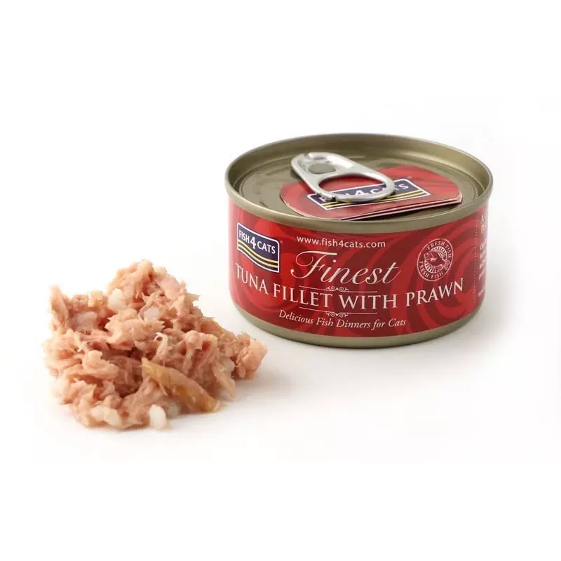 Šlapias kačių maistas FISH4DOGS Tuno filė su krevetėmis 70 g — konservuotas šlapias maistas, 83 % drėgmės, 14 % baltymų, be glitimo ir sojos