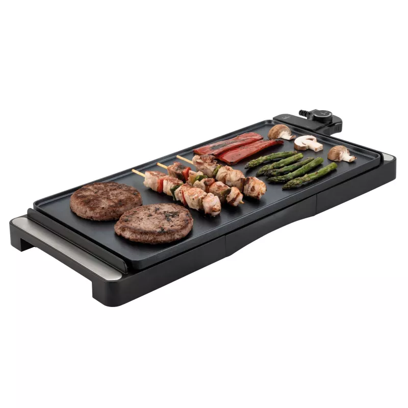 Kontaktinis grilis Jata JEGR1245 — 2200 W, sukamasis valdymas, stačiakampis 655×255 mm, juoda/sidabrinė