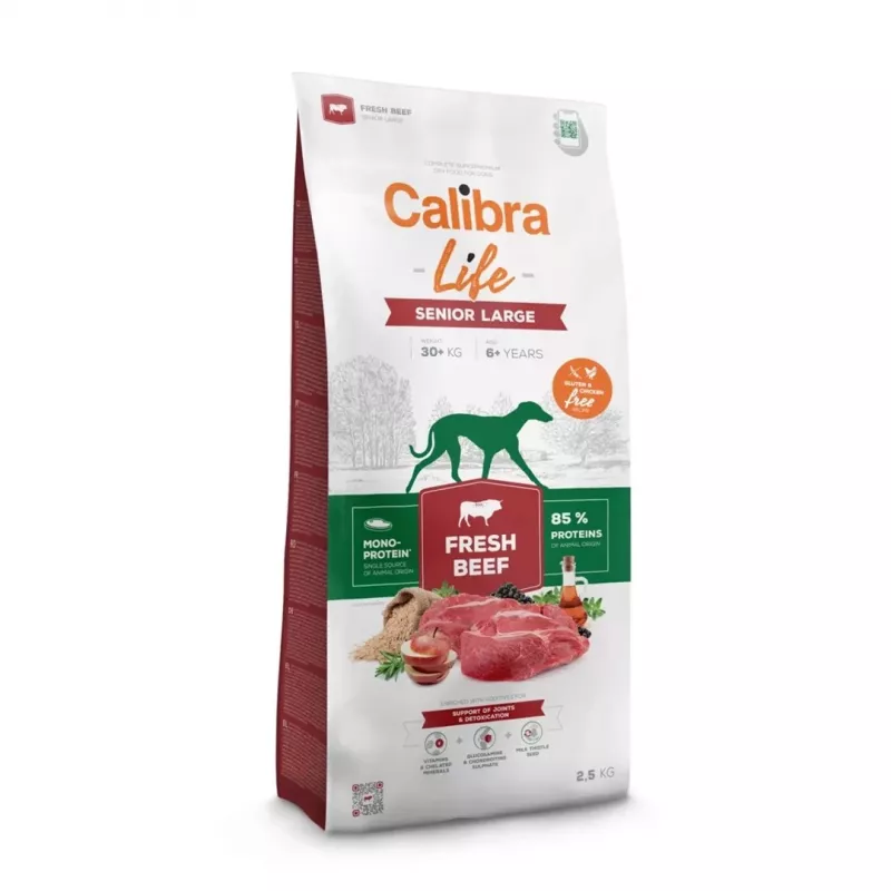 Sausas šunų maistas Calibra Life Senior Large Fresh Beef 12 kg — sausas visavertis pašaras dideliems senjorams šunims, 25–45 kg, 25% baltymų, 12% riebalų