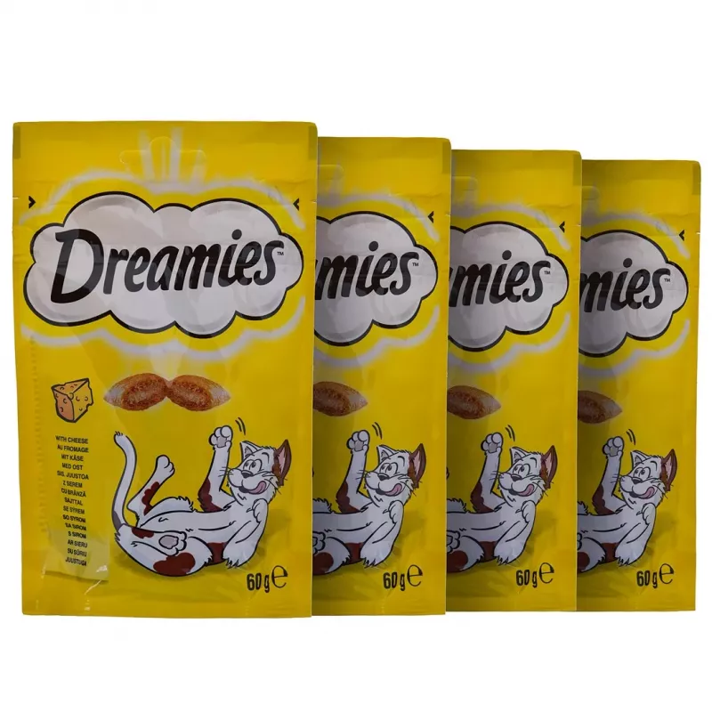 Kačių skanėstai Dreamies sūrio, vištienos, lašišos asorti 12×60 g — mėsingi kieti užkandžiai, baltymų 31%, riebalų 21%