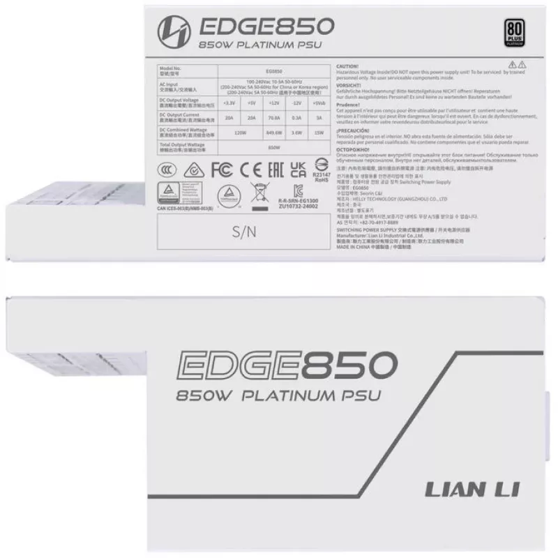 Maitinimo blokas Lian Li EG0850 850 W SFX, 20 kontaktų ATX, 80 PLUS Gold, balta