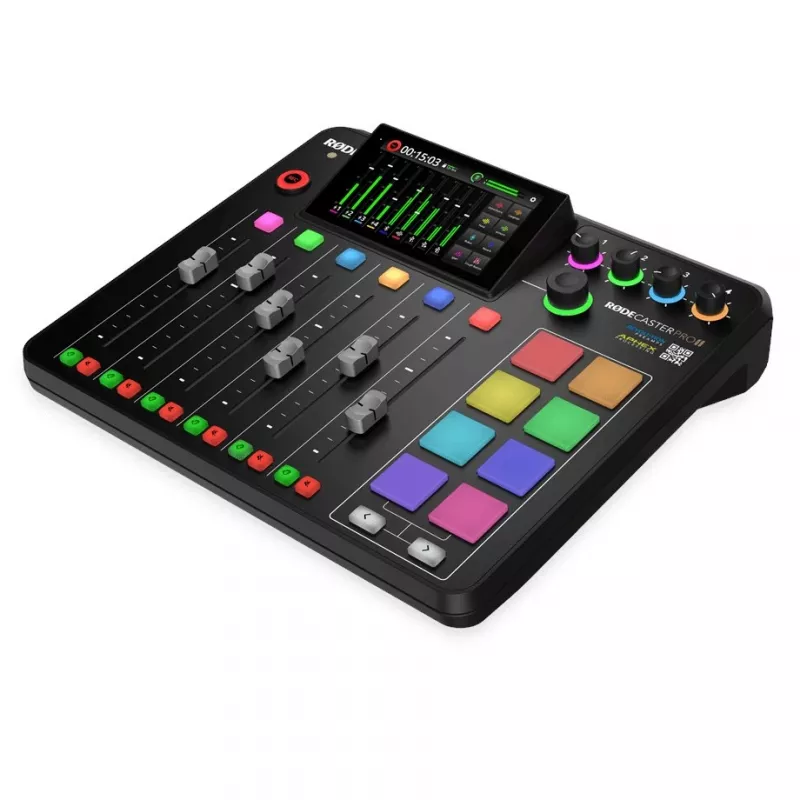 Studijos valdiklis RØDE Caster Pro II Juoda — 4 XLR/TRS kombinuoti lizdai, 4 ausinių išėjimai, 8 padas, jutiklinis ekranas, Wi‑Fi, Bluetooth, USB‑C