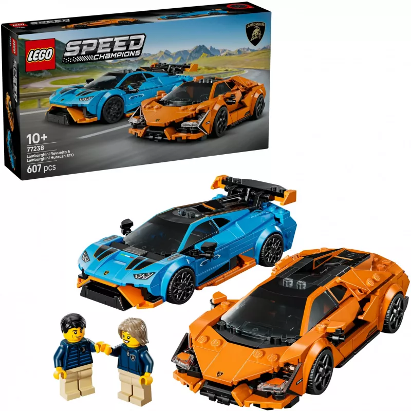 Konstruktorius LEGO Speed Champions rinkinys 77238 — Lamborghini Revuelto & Huracán STO, 607 dalys, 2 minifigūros, rekomenduojamas amžius 10+