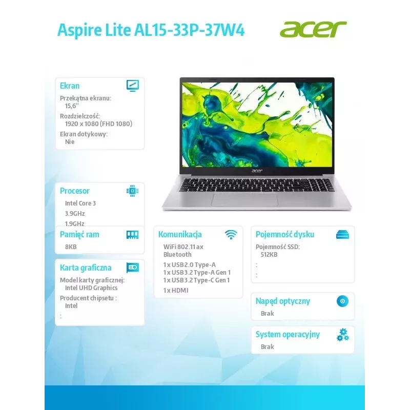Nešiojamasis kompiuteris Acer Aspire Lite Core i3 N355, 15,6 colių ekranas, 8 GB RAM, 512 GB SSD, be OS