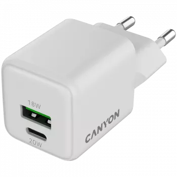 „Canyon“ įkroviklis CU20AC GaN 20W PD, 2 prievadų (USB-A/USB-C) WH mažmeninė pakuotė (CNS-CUW20AC)