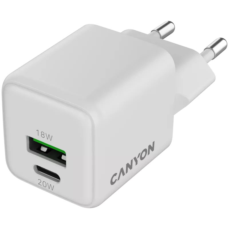Canyon Charger CU20AC GaN 20W PD, 2 prievadai (USB-A/USB-C) WH mažmeninė prekyba (CNS-CUW20AC)
