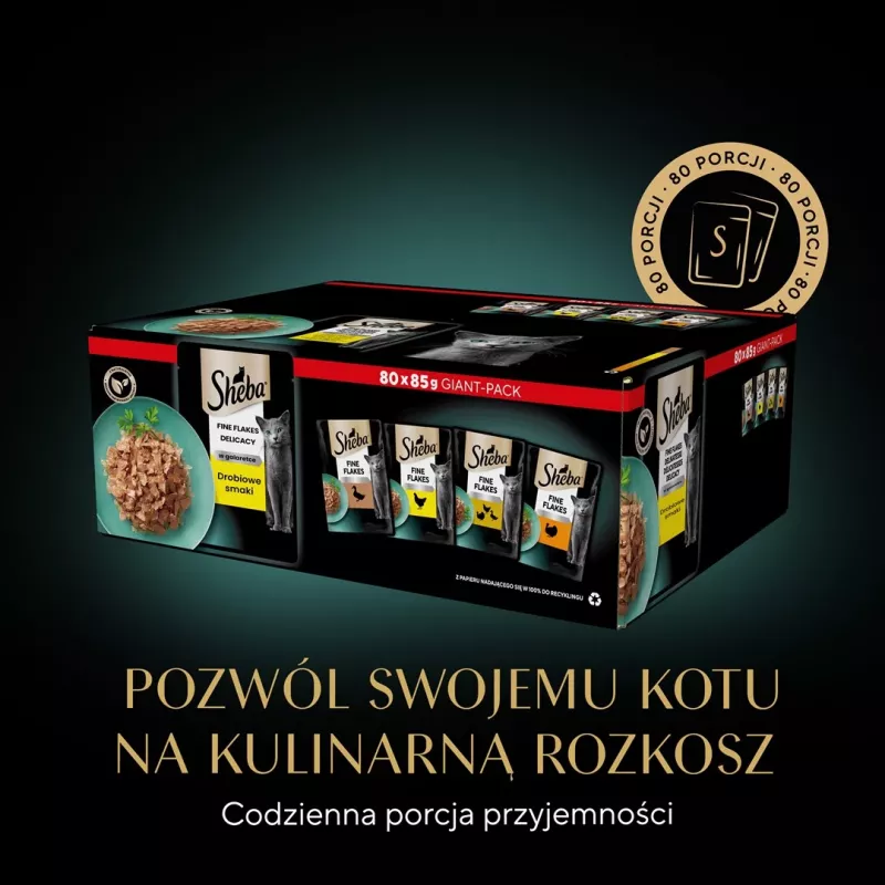 Šlapias kačių maistas Sheba Vištiena Antis Kalakutiena 85 g maišelis (80 × 85 g) suaugusioms katėms, drėgmė 86%