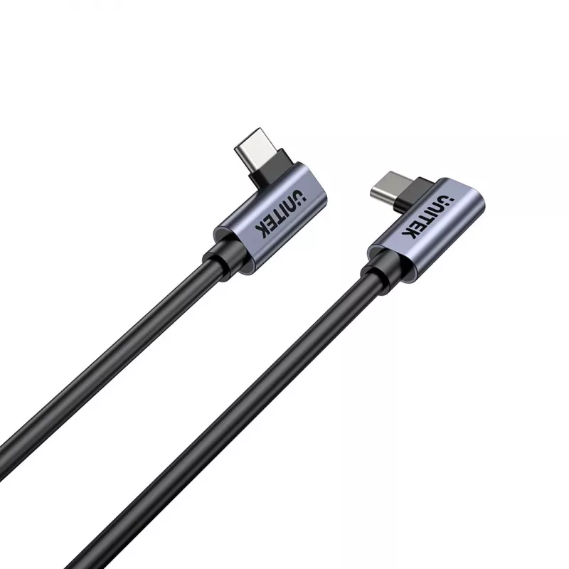 USB-C laidas Unitek C14147ABK01-1M, 1 m, 90° kampuoti jungtys, USB PD 3.0 100W, duomenys 480 Mbps, juoda