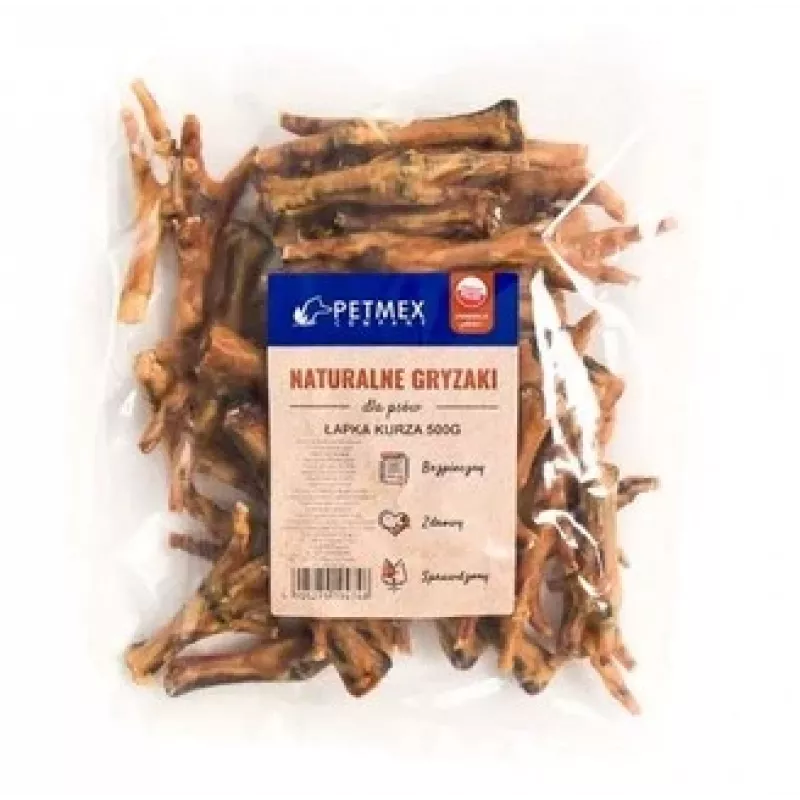 Šunų kramtukas PETMEX Vištienos pėdutė 500 g — natūralus vištienos skonio dantų priežiūros skanėstas suaugusiems šunims, 500 g