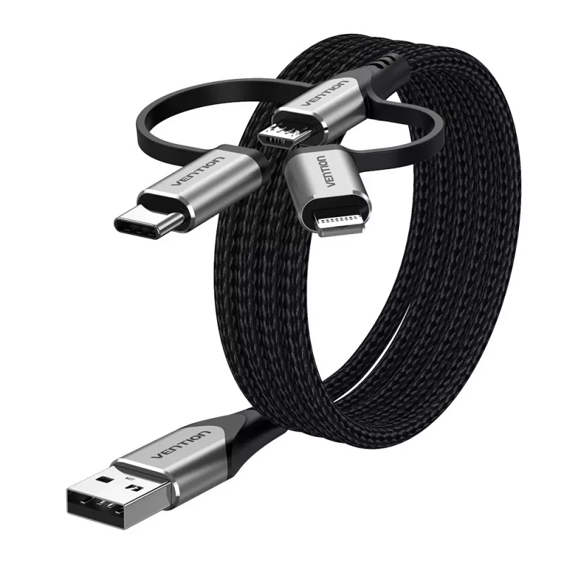 Vention USB 2.0 A kištukas į 3-in-1 Micro-B&USB-C&Lightning kištuką laidas 1M pilkas aliuminio lydinio tipo