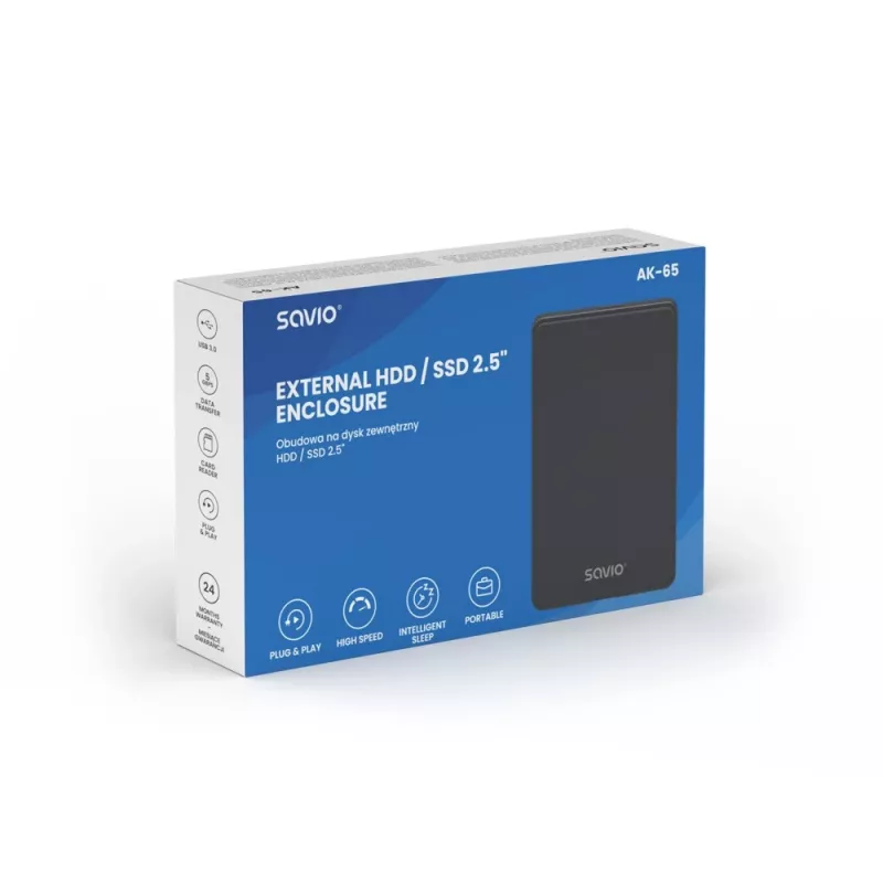 HDD/SSD korpusas SAVIO AK-65 Juodas 2,5 colio SATA USB 3.0 5 Gbit/s Micro-USB