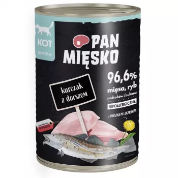 Šlapias kačių maistas Pan Miesko su vištiena ir menke 400 g — suaugusioms, be grūdų, alergiškoms katėms