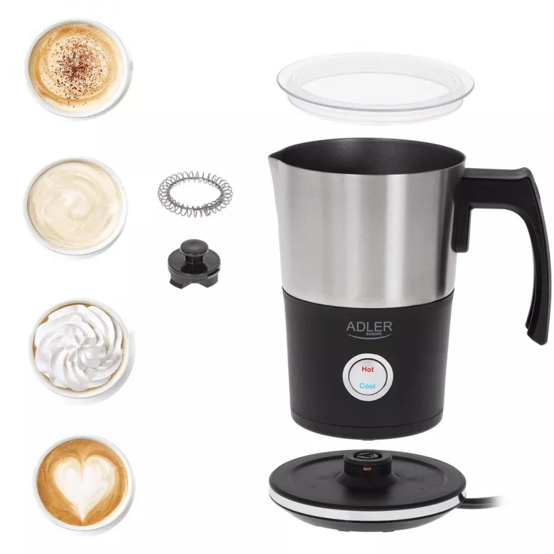 Automatinis pieno putotuvas Adler AD 4497 — nerūdijantis plienas, 600W, putos 120 ml / šildymas 300 ml, karštas ir šaltas