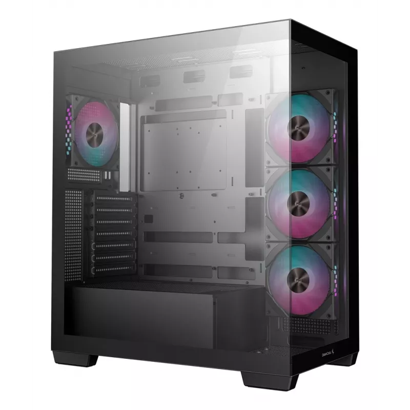 PC korpusas DeepCool CG580 4F Midi Tower — ATX/ITX/MicroATX, grūdintas stiklas, 3×120 mm + 1×120 mm ventiliatoriai, 2×3,5 col. ir 2×2,5 col., USB-A×2 USB-C×1, juodas
